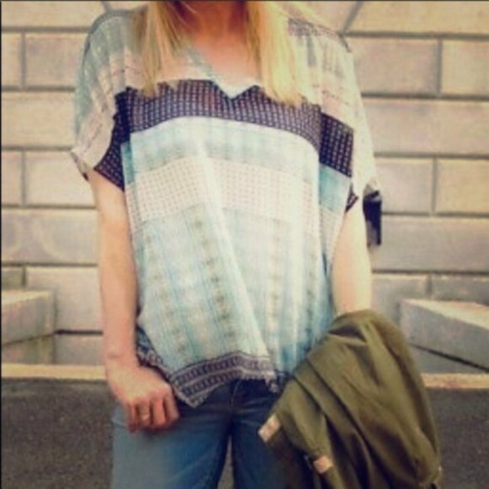CAbi | Style #328 Popover Top S Sheer Pattern Print Oversized Short Sleeve